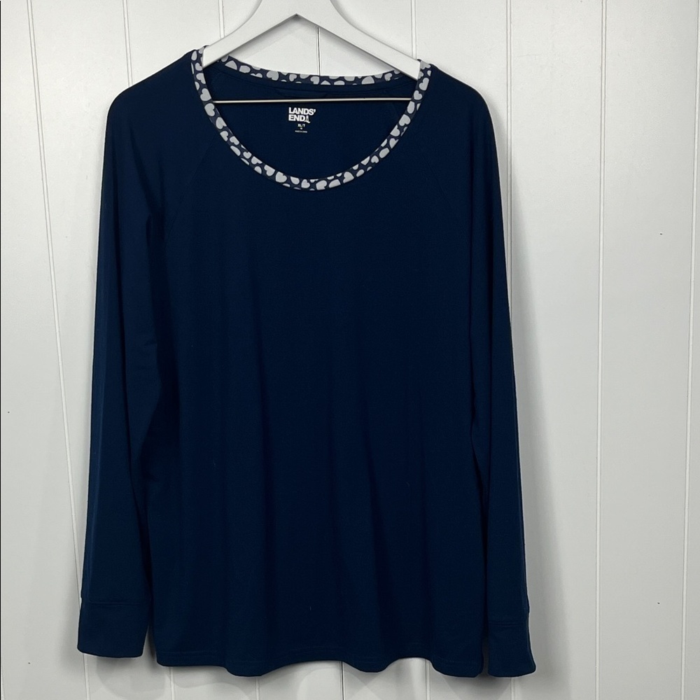 Lands' End Womens Top XLT Navy White Scoop Neck Heart Design Pattern Soft Flowy